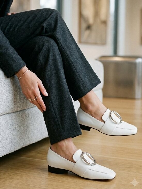 Dorateymur Shoes - Dorateymur Harput White Leather Loafers with Silver-Tone Ring - Women's Size 6